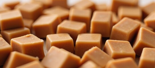 Close-up top-down view of irregularly shaped diced caramel chocolate pieces filling the frame