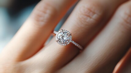 Exquisite Diamond Engagement Ring Adorning Woman's Hand suitable for business background, posters, wallpapers, banners, greeting cards, and advertising for business entities or brands.