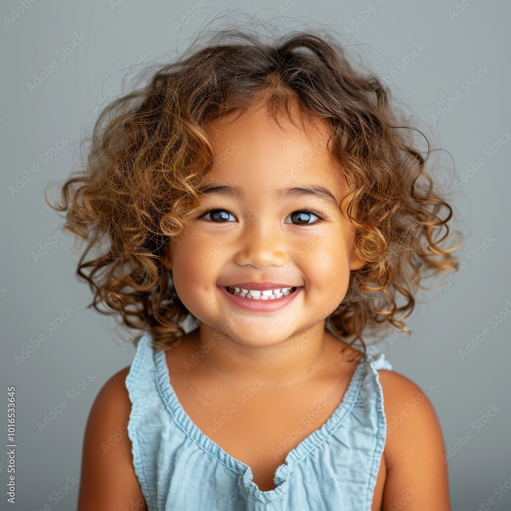 Wall mural happy golden-haired child with a bright smile and curly hair in a casual blue dress on a neutral bac