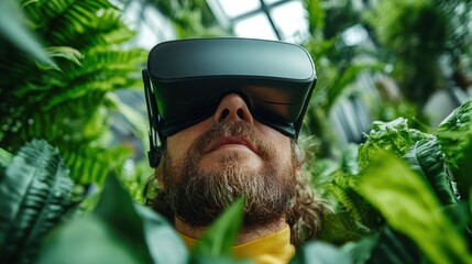 A man wearing a virtual reality headset is surrounded by dense green plants, highlighting a blend of technology and nature in a modern, digital exploration.
