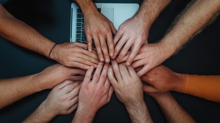 A collection of diverse hands coming together over a laptop, symbolizing teamwork and collaboration in a modern, digital setting, emphasizing unity and cooperation.