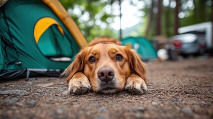 A cute dog relaxes on the ground in a campsite, with vibrant green and yellow tents in the background, capturing a peaceful outdoor camping scene.