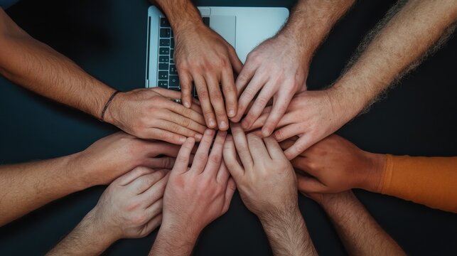 A collection of diverse hands coming together over a laptop, symbolizing teamwork and collaboration in a modern, digital setting, emphasizing unity and cooperation.