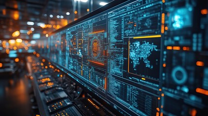 Obraz premium high technology environment,surveillance intelligence machine learning operations and blurred motion engineers in background as active workspace data monitoring control and research.create by F.a