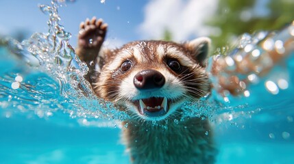 A raccoon grins while swimming gracefully through crystal-clear water, illustrating a moment of freedom and joy in the natural world, under a sunny sky.