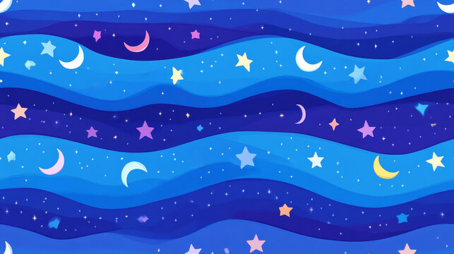 Seamless starry night sky with moons and colorful stars
