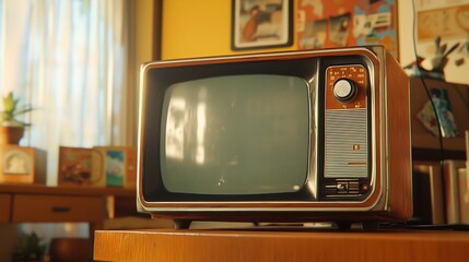 A vintage television set placed on a table, including wood paneling and retro dials. The background...