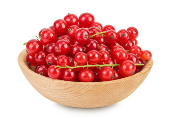 Red currant berries in a wooden bowl isolated on white background
