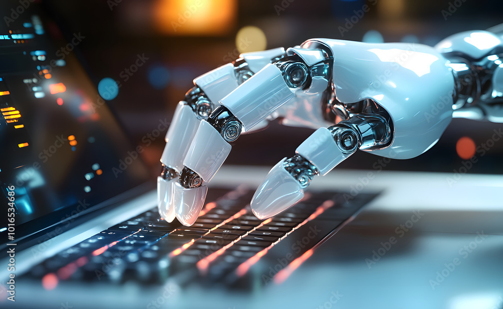 Poster cyborg hand pressing a keyboard on a laptop 3d rendering
