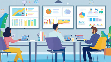 A professional client meeting in a modern office, where a business team presents a project proposal with digital tools and reports displayed on screens.