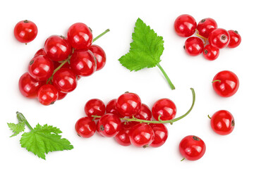 Red currant berries isolated on white background. Top view. Flat lay