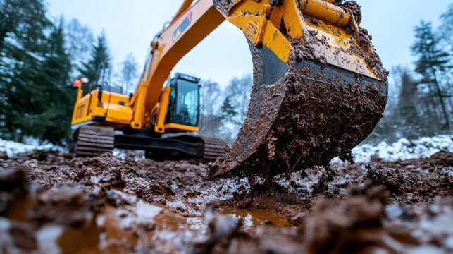 A powerful yellow excavator digs into thick, sticky mud, capturing the essence of construction work amidst a backdrop of trees on a wintery day.