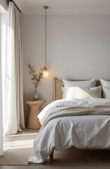 Cozy coastal style, furniture, comfortable bed, modern design background with stock footage of a
minimal bedroom interior. Generative AI tools