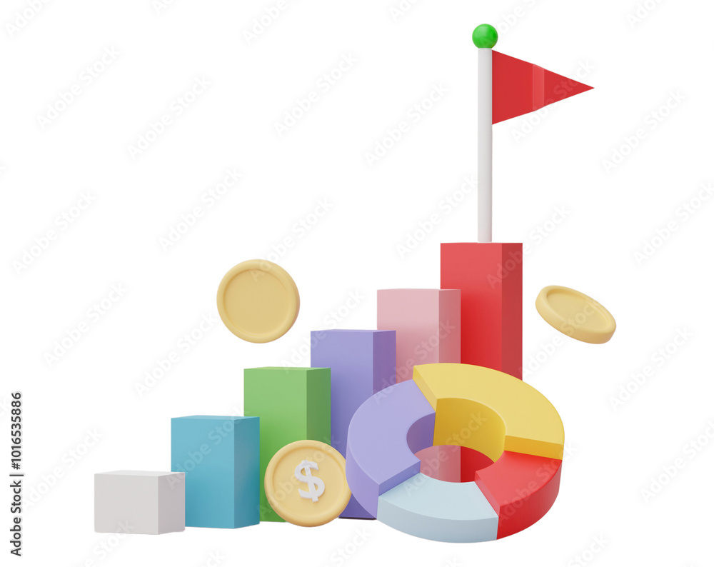 Poster business chart graphics and statistics isolated on transparent background. 3d render.