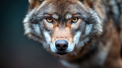 Obraz premium The front-facing view of a wolf, with sharp and penetrating eyes, captures the majestic intensity of this wild creature in an untamed natural setting.
