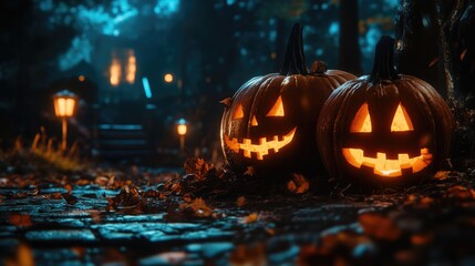 Obraz premium Halloween imagery with pumpkins and lanterns at night
