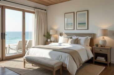 Cozy coastal style, furniture, comfortable bed, modern design background with stock footage of a
minimal bedroom interior. Generative AI tools