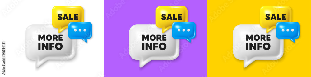 Poster chat speech bubble 3d icons. more info tag. navigation sign. read description symbol. more info chat