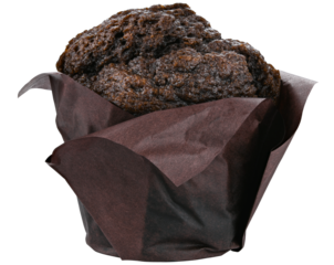 Delicious chocolate muffin in brown paper isolated on a transparent background. Completely in focus.