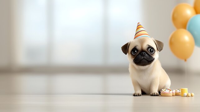 A small pug wearing a party hat, sitting at a colorful birthday party setup with balloons and treats, capturing the joy and celebration of a dog's special day. Ultra-Realistic, Photo Realistic, 