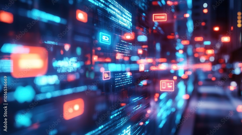 Poster abstract digital interface with glowing data streams and icons representing technology.