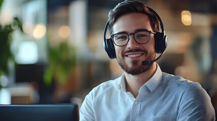 Portrait, call center and man consulting with headphones for customer service, help or telemarketing. Happy, confident and consultant agent talking with headset for support, sales or online advice