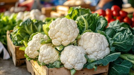 A vibrant farmers' market stall showcasing freshly harvested cauliflower heads, surrounded by other vegetables