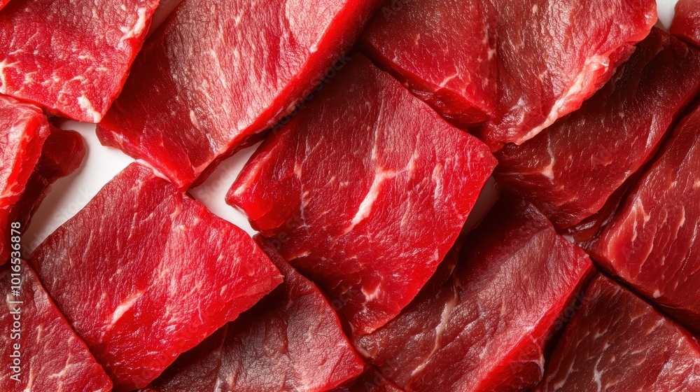 Poster A close-up shot of raw beef steaks arranged in an overlapping pattern, showcasing the texture and marbling, emphasizing the quality and arrangement.