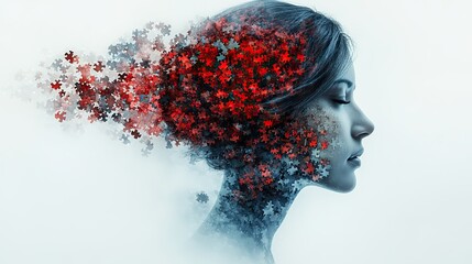 human head in profile view,pieces of a jigsaw puzzle representing the brain fading into nothingness as memory loss and cognitive decline associated,dementia and alzheimers disease.create by F.a