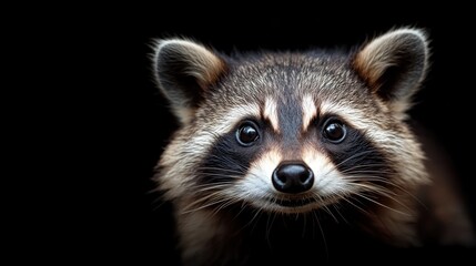 Fototapeta premium A raccoon peeks curiously from the shadows, its striking facial features sharp against the dark background, embodying curiosity and the allure of the wild.