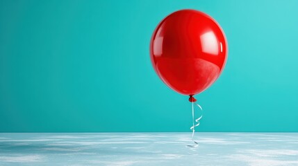 A singular red balloon floats gracefully amidst a turquoise environment, embodying joy, serenity, and the whimsical essence of carefree exploration and creativity.