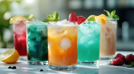 Fototapeta premium An assortment of colorful cocktails each with unique garnishes, beautifully presented in glasses, embodying a festive and joyous celebration of flavors and style.