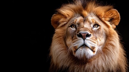Fototapeta premium A close-up portrait of a fierce and regal lion against a dark background, capturing the intensity and beauty of this majestic creature, representing power and authority.