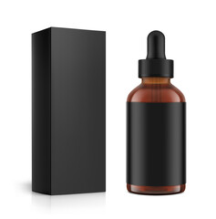 Realistic dropper bottle with black paperboard box mockup isolated on white background. Vector illustration. Сan be used for cosmetic, medical and other needs. EPS10.	