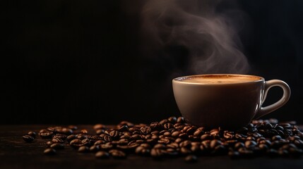 brewed coffee surrounded by roasted coffee beans