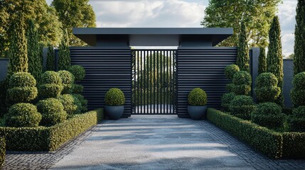 Obraz premium Gate design with horizontal charcoal wooden slats, flat roof, iron accents, among contemporary topiaries in a structured garden Realistic rendering