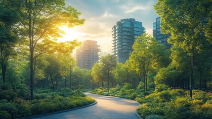 illustration of a green urban space,trees and plants emphasizing sustainable urban planning and eco friendly city design.stock image