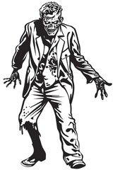 Naklejka premium Creepy zombie in tattered suit