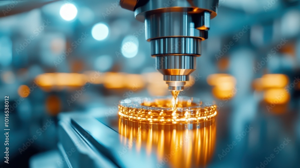 Poster a precision drill operates in a high-tech workshop, focusing on a metal surface, demonstrating intri