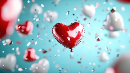 Obraz premium A single red heart-shaped balloon elegantly floats amidst colorful confetti on a vibrant blue backdrop, exuding joy and romance in a vivid visual display.