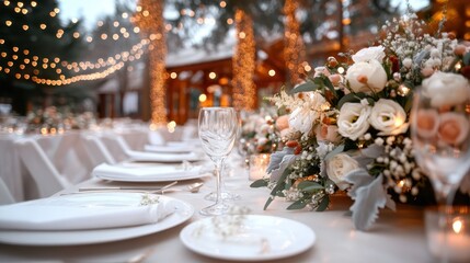 Fototapeta premium This image presents an outdoor wedding setup, featuring beautifully arranged tables with elegant floral centerpieces, under a canopy of twinkling lights.