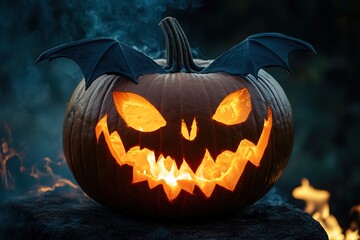 Fototapeta premium A Halloween pumpkin emitting wisps of smoke, creating a spooky and mysterious atmosphere.