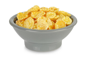 Cornflakes in ceramic bowl isolated on white background.