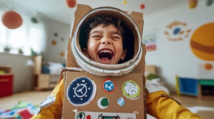 A young boy wearing a handmade astronaut suit crafted from a cardboard box is joyfully playing in his bedroom.