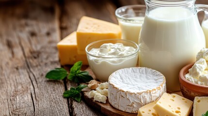 A tempting selection of dairy products, including cheese, milk, and cream, are artistically arranged on a rustic wooden table, showcasing their delicious, creamy textures.