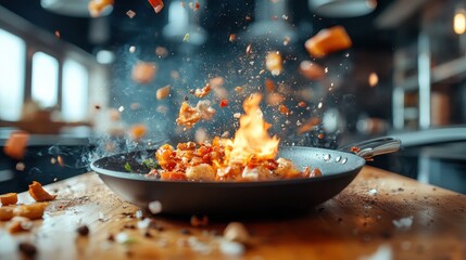 In this action-packed kitchen scene, spices dance through the air as ingredients burst with flavor over open flames, creating a vibrant and energetic culinary experience.