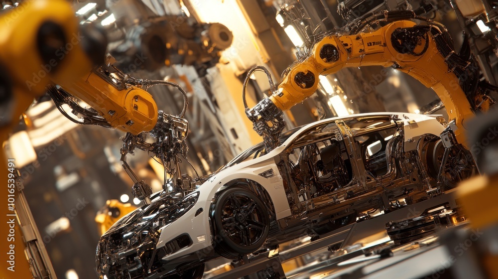 Poster a robotic assembly line working on a partially constructed vehicle in a factory setting.