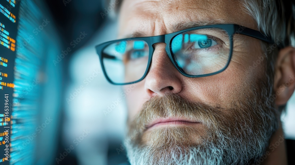 Poster a close-up of a focused man wearing glasses, analyzing a computer screen filled with data, represent