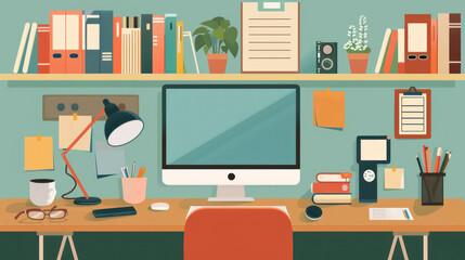 A remote educator's workspace featuring a well-organized desk, educational materials, and a video setup for online teaching.