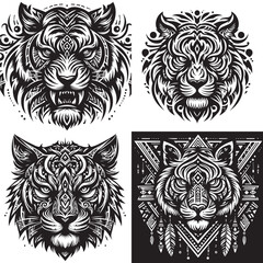 Tribal vector collection of tiger heads in black and white